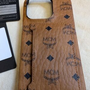 MCM Tan Leather Phone Holder, iPhone 14 Pro